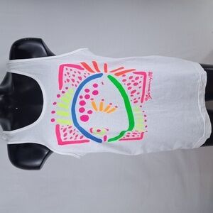 Vintage 1988 Pinwheels neon fish oversized white LG summer tank top t-shirt